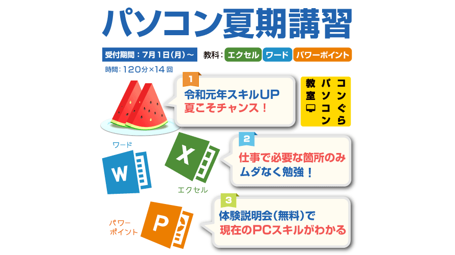 鹿児島市パソコン教室 コンぐらのおすすめ夏期講習19 エクセル ワード パワーポイント 鹿児島市パソコン教室 鹿児島中央駅から徒歩5分 コンぐらパソコン教室